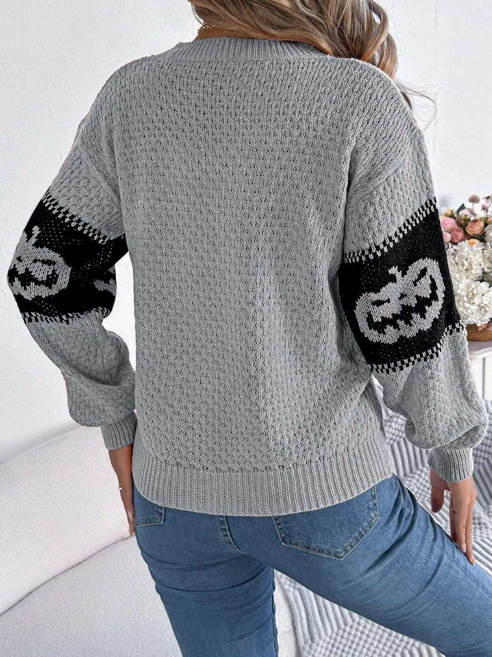 Pumpkin Round Neck Long Sleeve Sweater - Trendsi - Flyclothing LLC