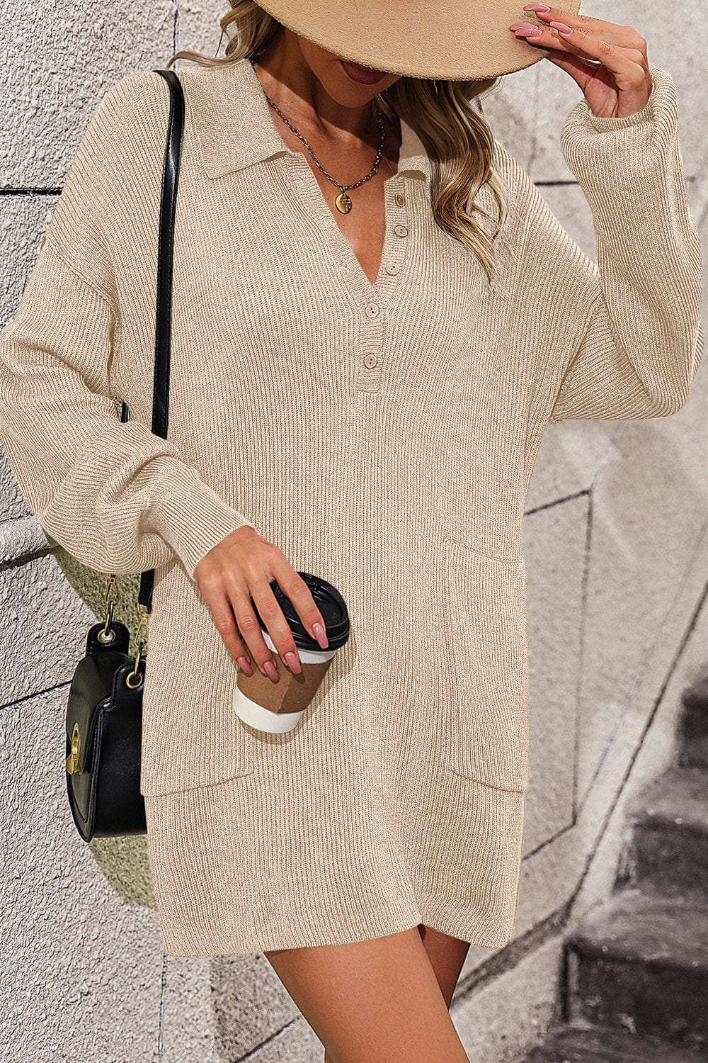 Collared Neck Long Sleeve Sweater Dress with Pockets - Trendsi - Flyclothing LLC