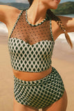 Dotted Mesh Plaid Patchwork High Waisted Swim Set - Trendsi - Flyclothing LLC