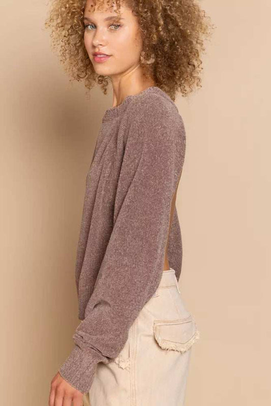 POL Round Neck Backless Sweater with Ribbed Edge - Trendsi - Flyclothing LLC