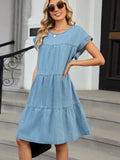 Tiered Round Neck Short Sleeve Denim Dress - Trendsi - Flyclothing LLC