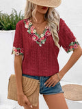 Eyelet Embroidered V-Neck Short Sleeve Blouse - Trendsi - Flyclothing LLC