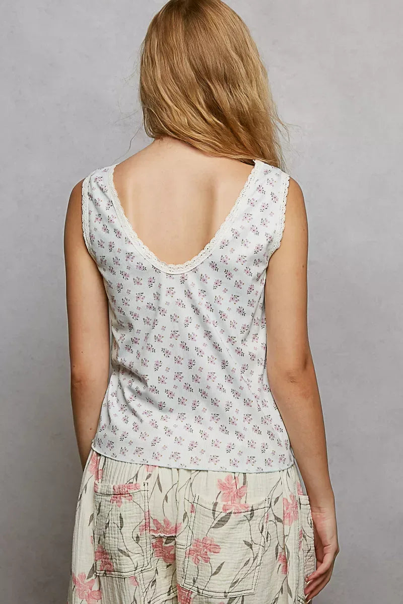 POL Ruched Floral V-Neck Tank with Lace Detail - Trendsi - Flyclothing LLC
