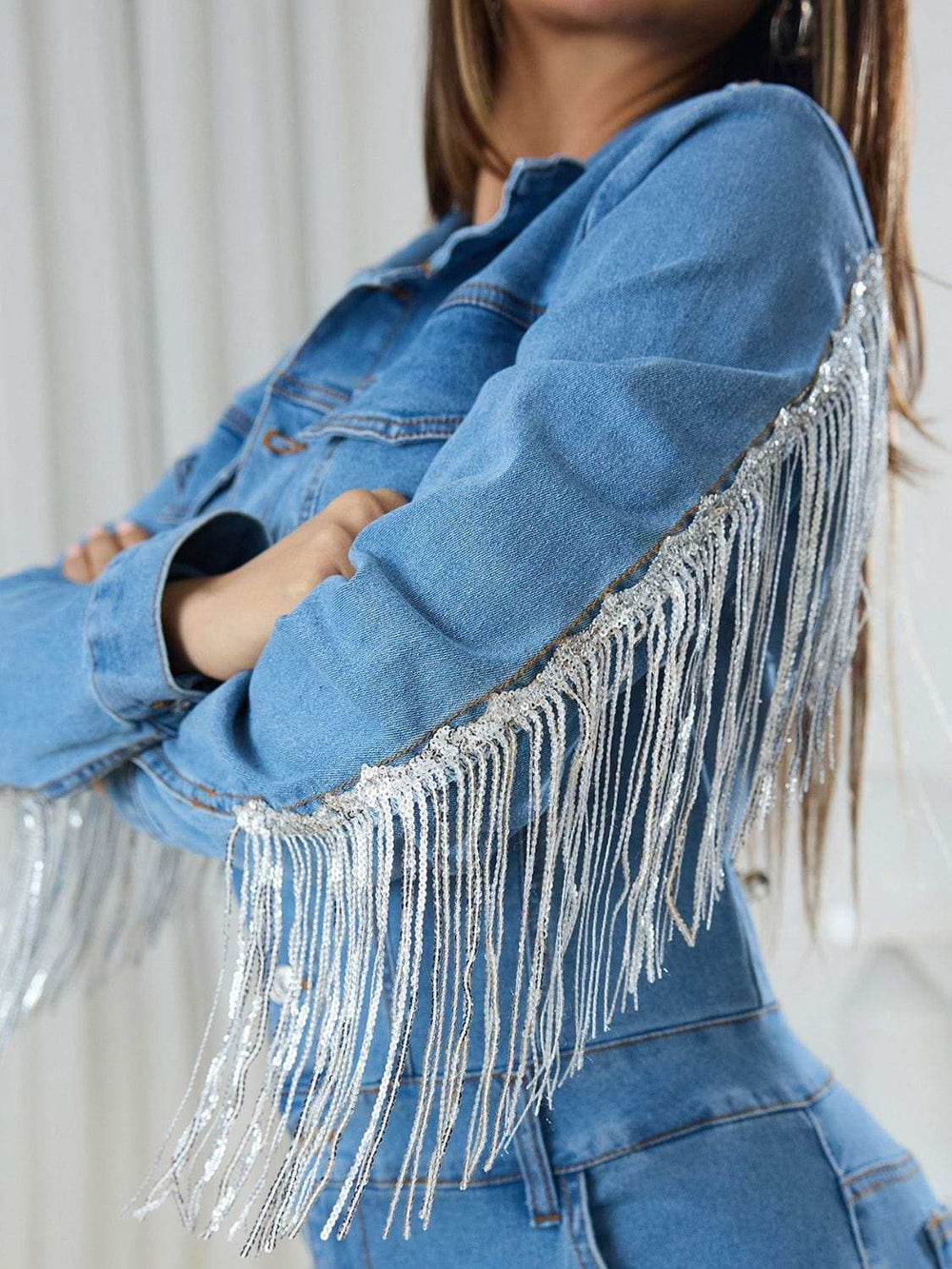 Fringe Half Button Long Sleeve Denim Jumpsuit - Trendsi - Flyclothing LLC