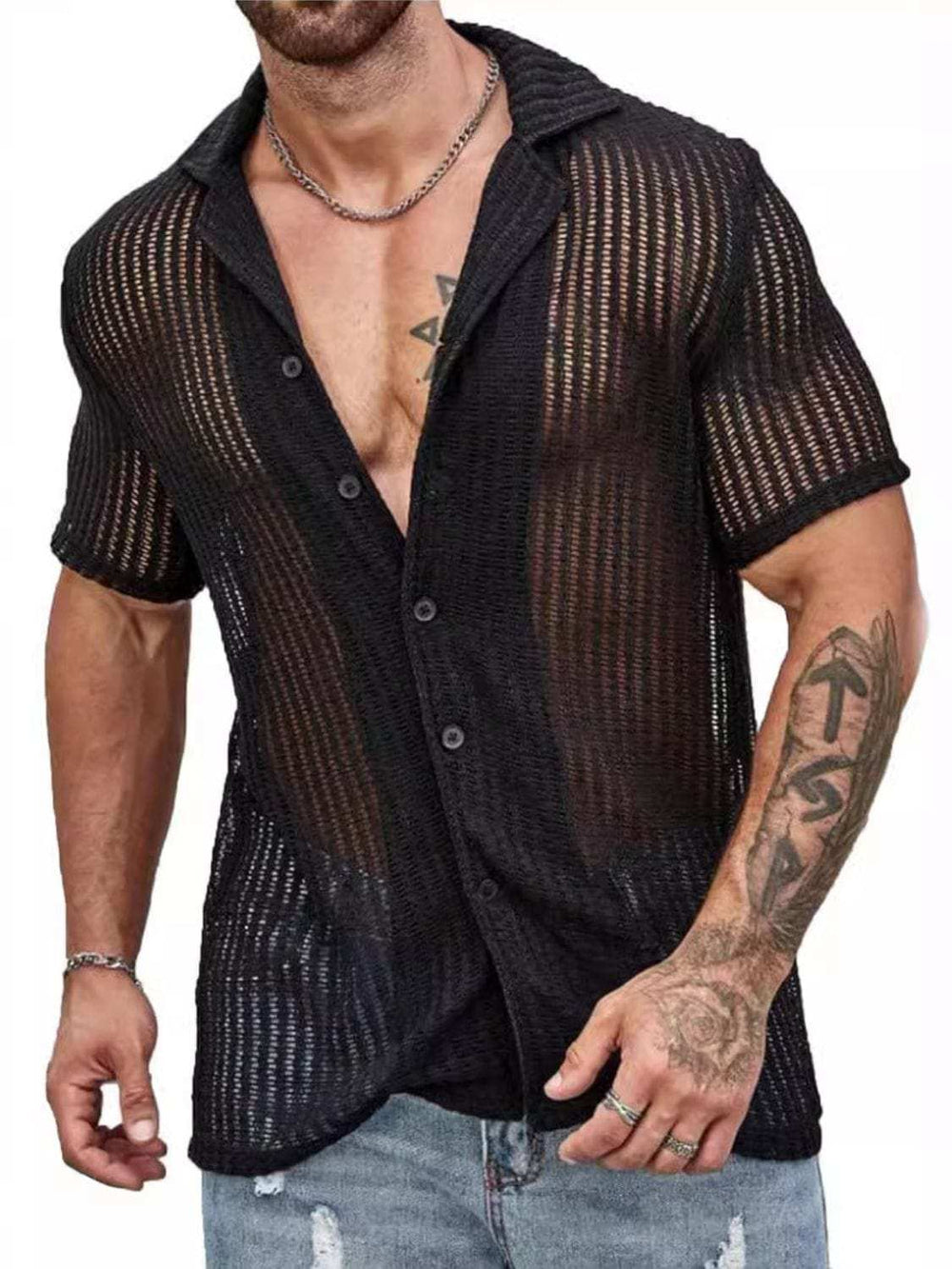 Men's Full Size Openwork Button Down Short Sleeve Shirt Plus Size - Trendsi - Flyclothing LLC
