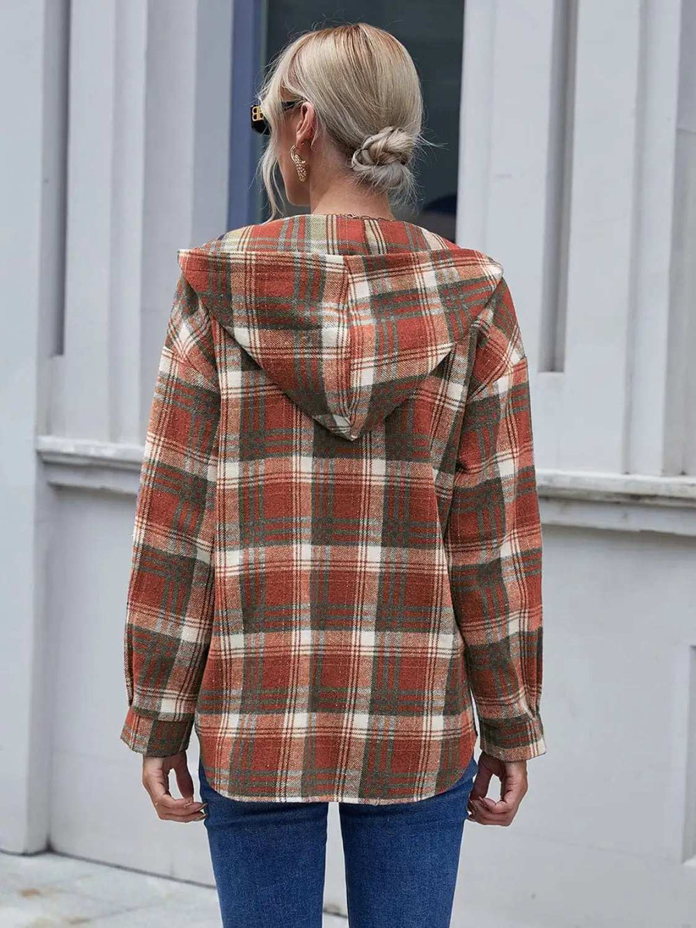 Plaid Button Up Long Sleeve Hooded Jacket - Trendsi - Flyclothing LLC