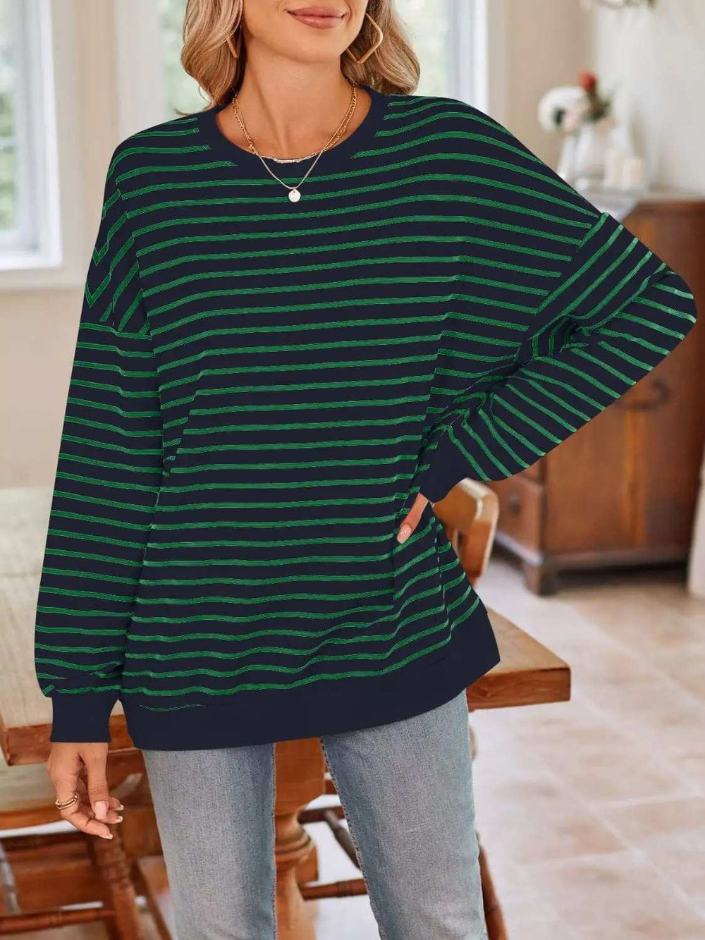 Striped Round Neck Long Sleeve Sweatshirt - Trendsi - Flyclothing LLC