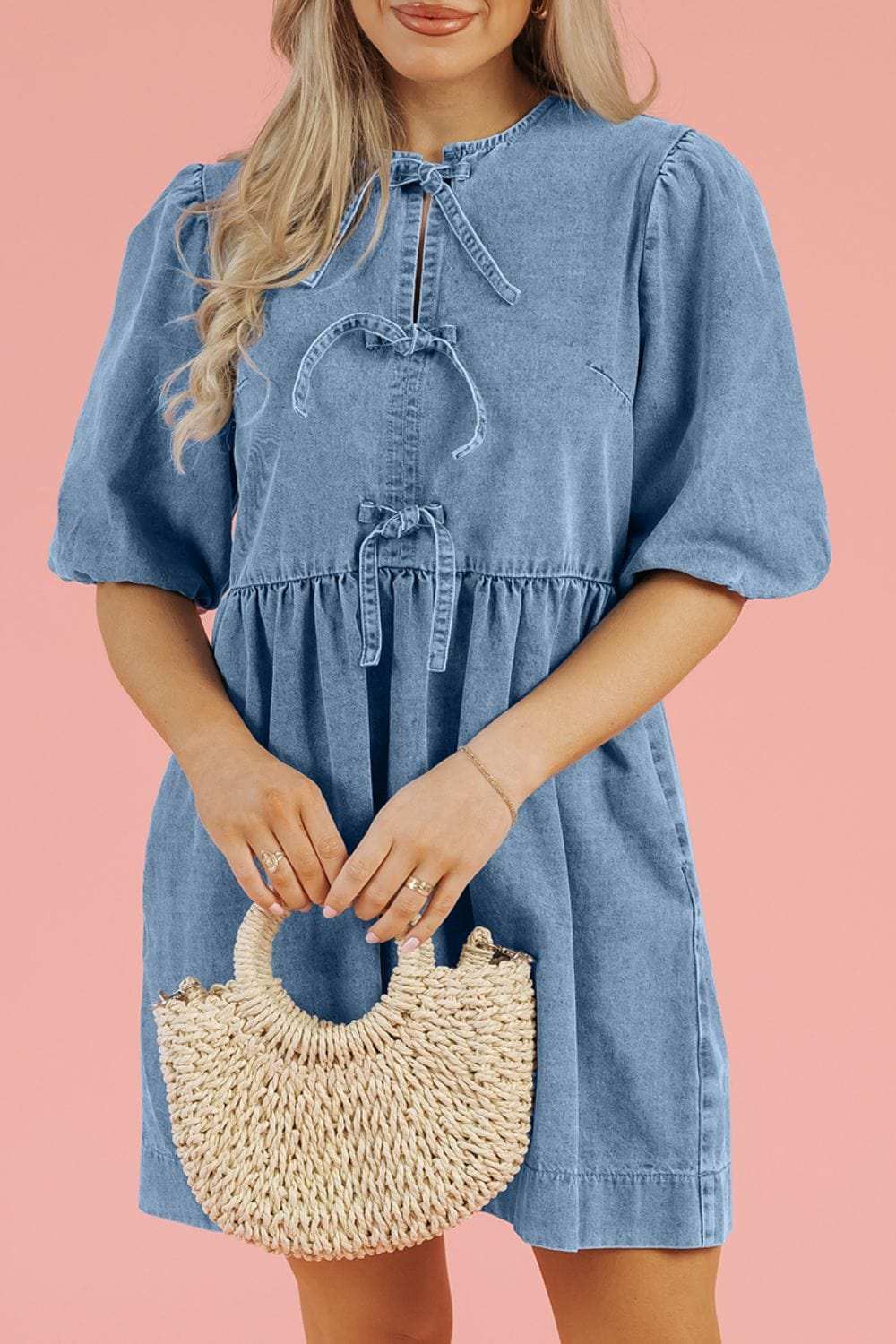 Bowknot Round Neck Half Sleeve Denim Dress - Trendsi - Flyclothing LLC