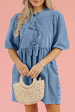 Bowknot Round Neck Half Sleeve Denim Dress - Trendsi - Flyclothing LLC