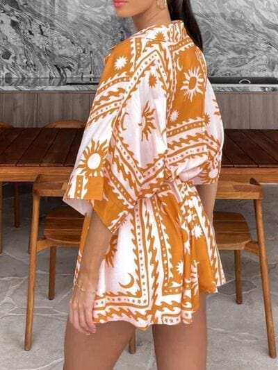 Printed Tie Waist Half Sleeve Romper - Trendsi - Flyclothing LLC