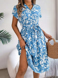 Printed V-Neck Short Sleeve Dress - Trendsi - Flyclothing LLC