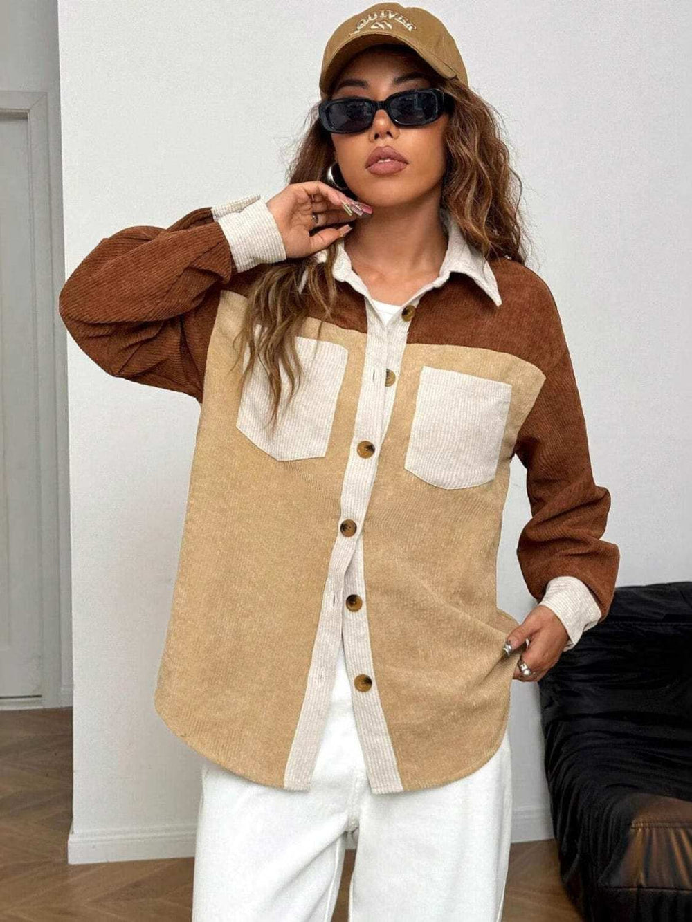 Color Block Collared Neck Long Sleeve Shirt - Trendsi - Flyclothing LLC