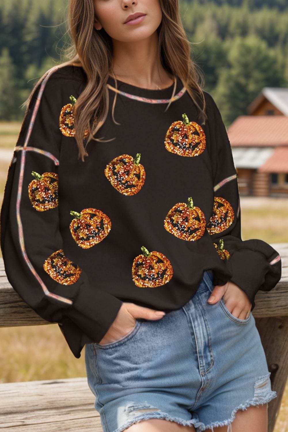 Sequin Pumpkin Round Neck Long Sleeve Sweatshirt - Trendsi - Flyclothing LLC