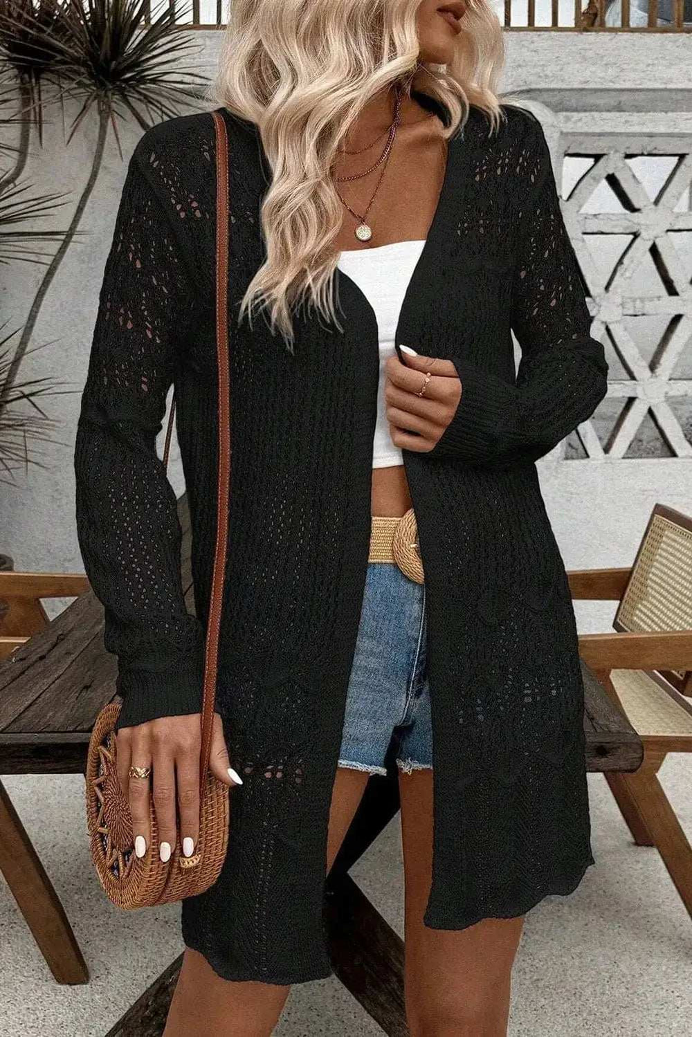 Openwork Open Front Long Sleeve Cardigan - Trendsi - Flyclothing LLC