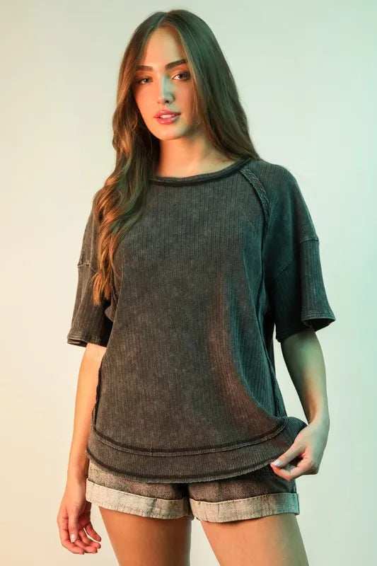 VERY J Full Size Mineral Washed Ribbed Knit Casual Top Plus Size - Trendsi - Flyclothing LLC