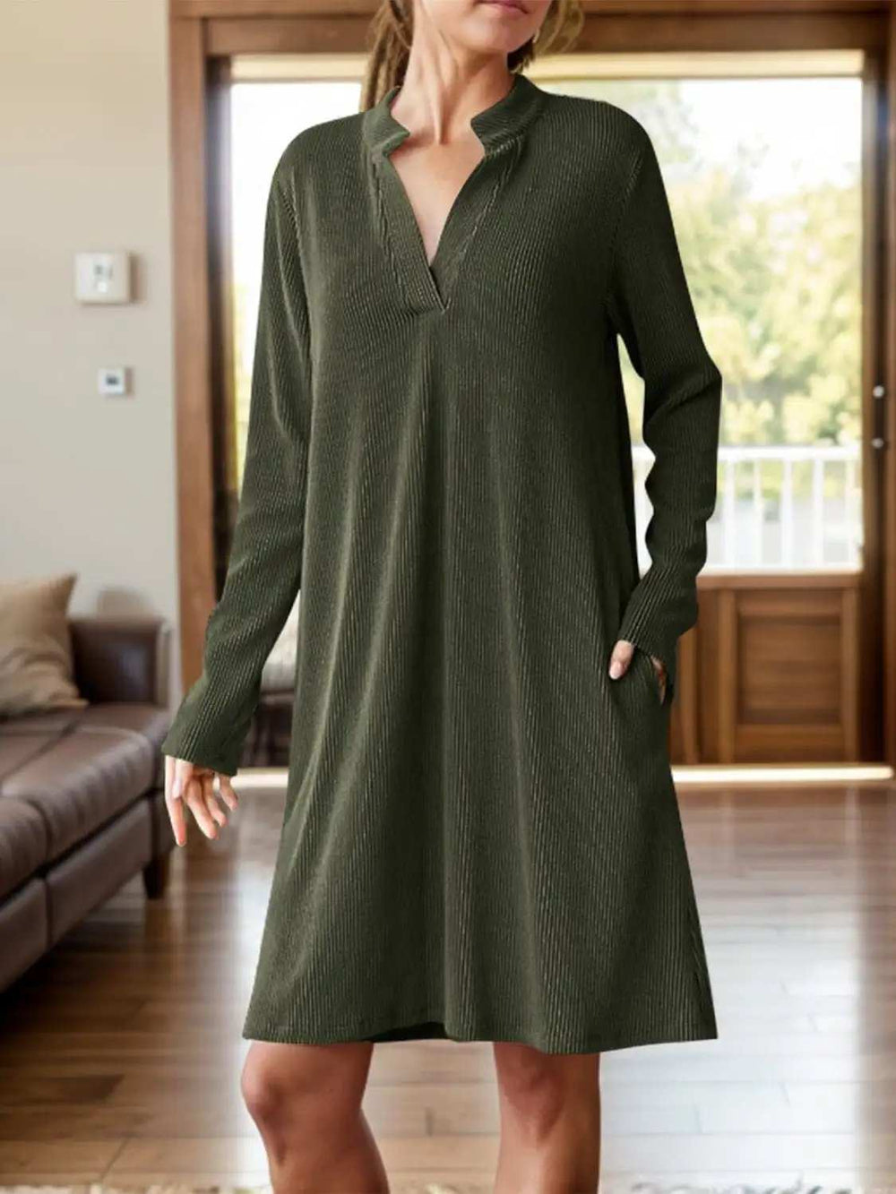 Notched Long Sleeve Mini Dress with Pockets - Trendsi - Flyclothing LLC