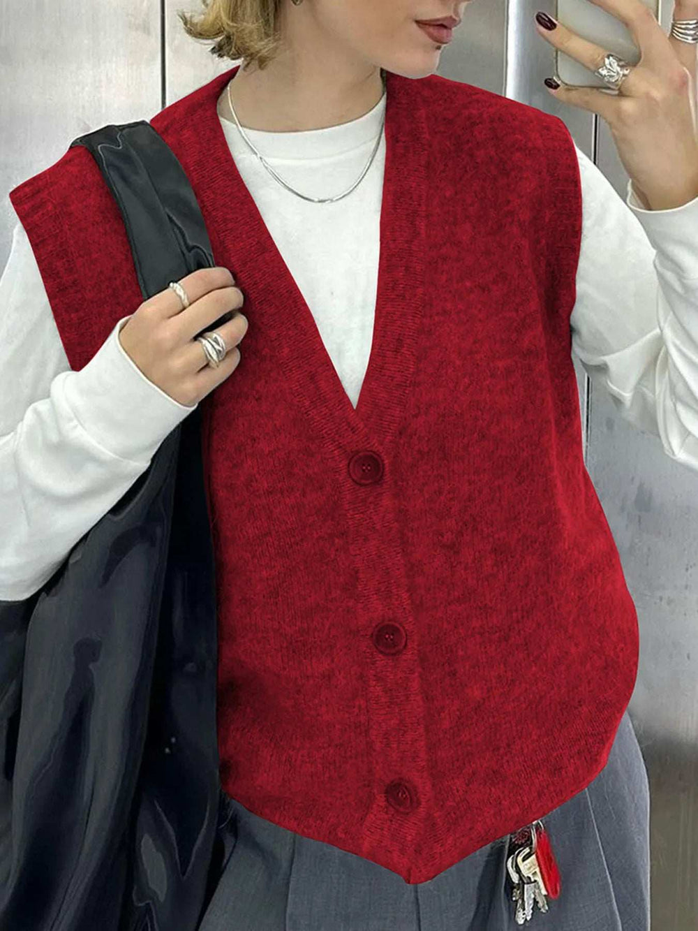 Button-Front Sweater Vest - Trendsi - Flyclothing LLC