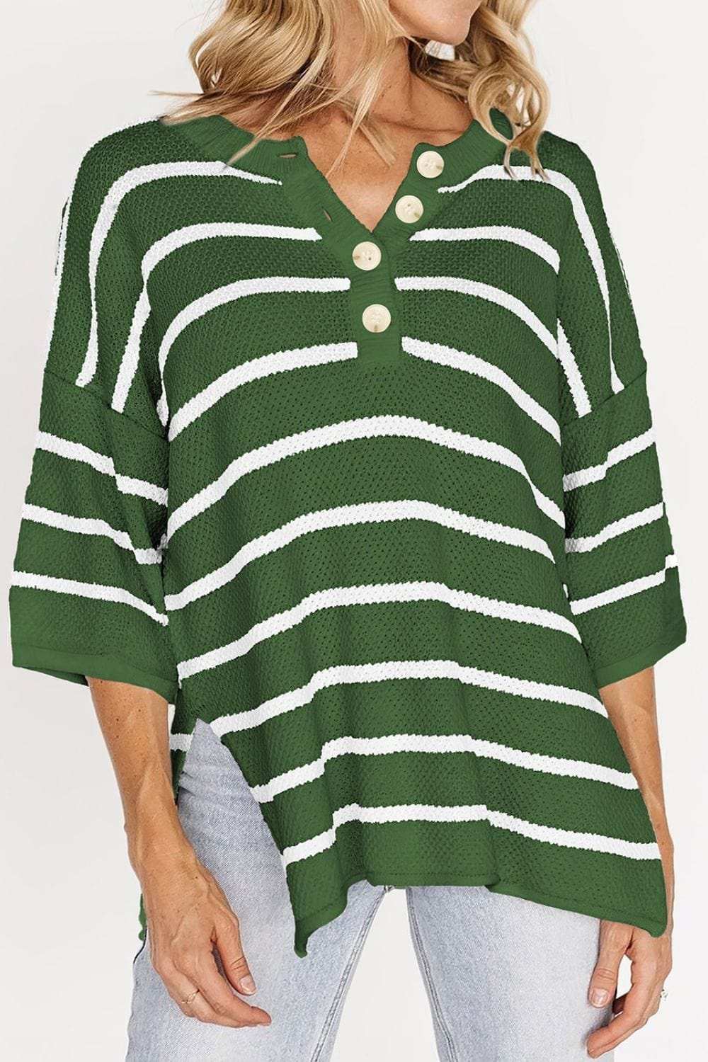 Stripe Drop Shoulder Side Slit Knit Top - Trendsi - Flyclothing LLC