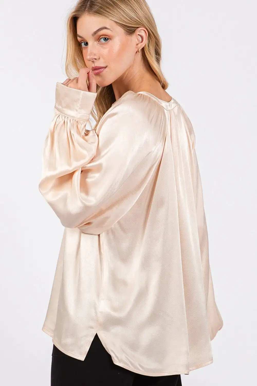 SAGE + FIG Notched Long Sleeve Blouse - Trendsi - Flyclothing LLC