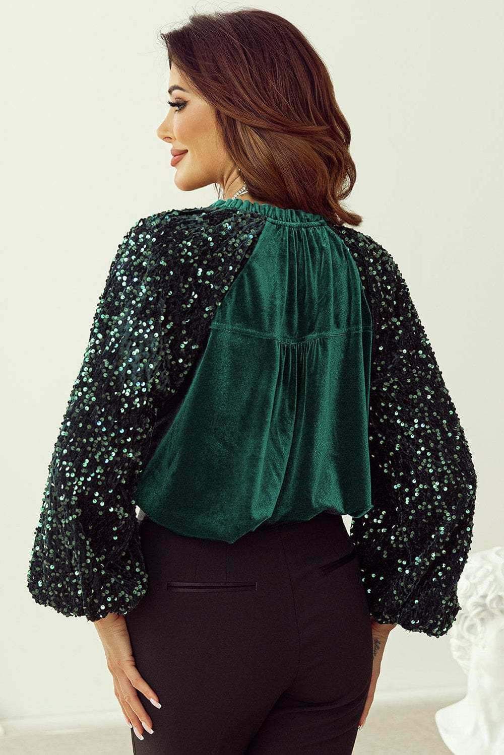 Sequin Notched Long Sleeve Blouse - Trendsi - Flyclothing LLC
