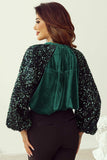 Sequin Notched Long Sleeve Blouse - Trendsi - Flyclothing LLC