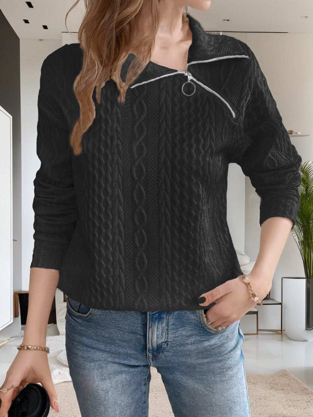 Oblique Zipper Collared Neck Long Sleeve Sweatshirt - Trendsi - Flyclothing LLC