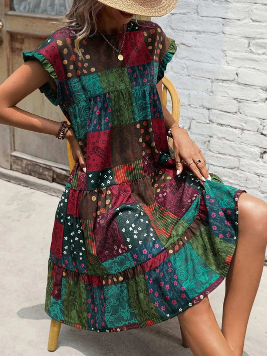 Color Block Print Short Sleeve Mini Dress - Trendsi - Flyclothing LLC