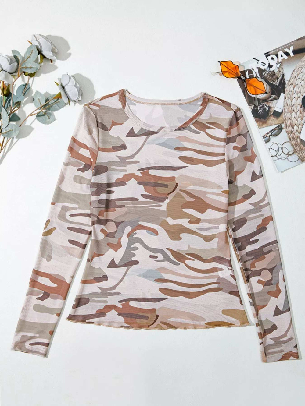 Camouflage Print Mesh Long Sleeve Top - Trendsi - Flyclothing LLC