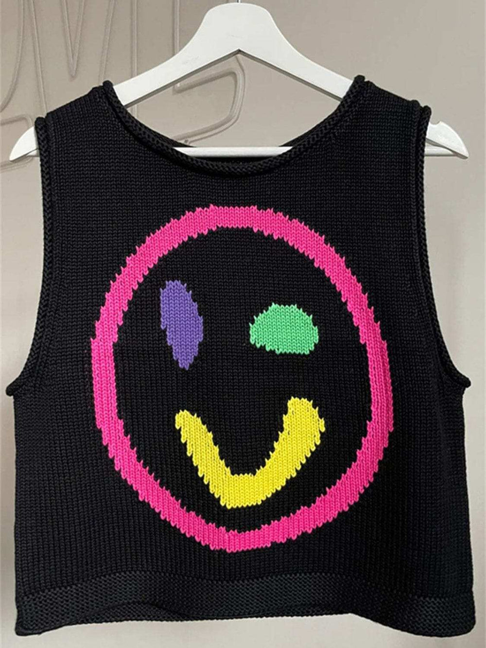 Smiley Round Neck Sweater Vest - Trendsi - Flyclothing LLC