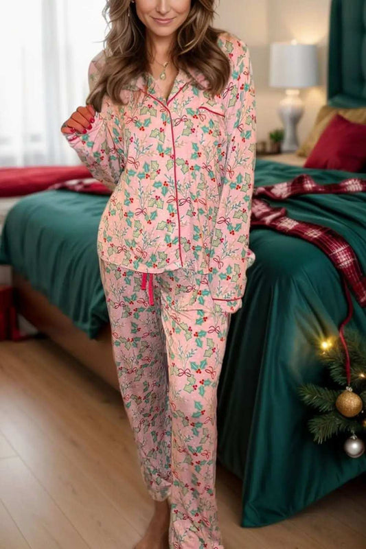 Printed Collared Neck Long Sleeve Top and Pants Lounge Set - Trendsi - Flyclothing LLC