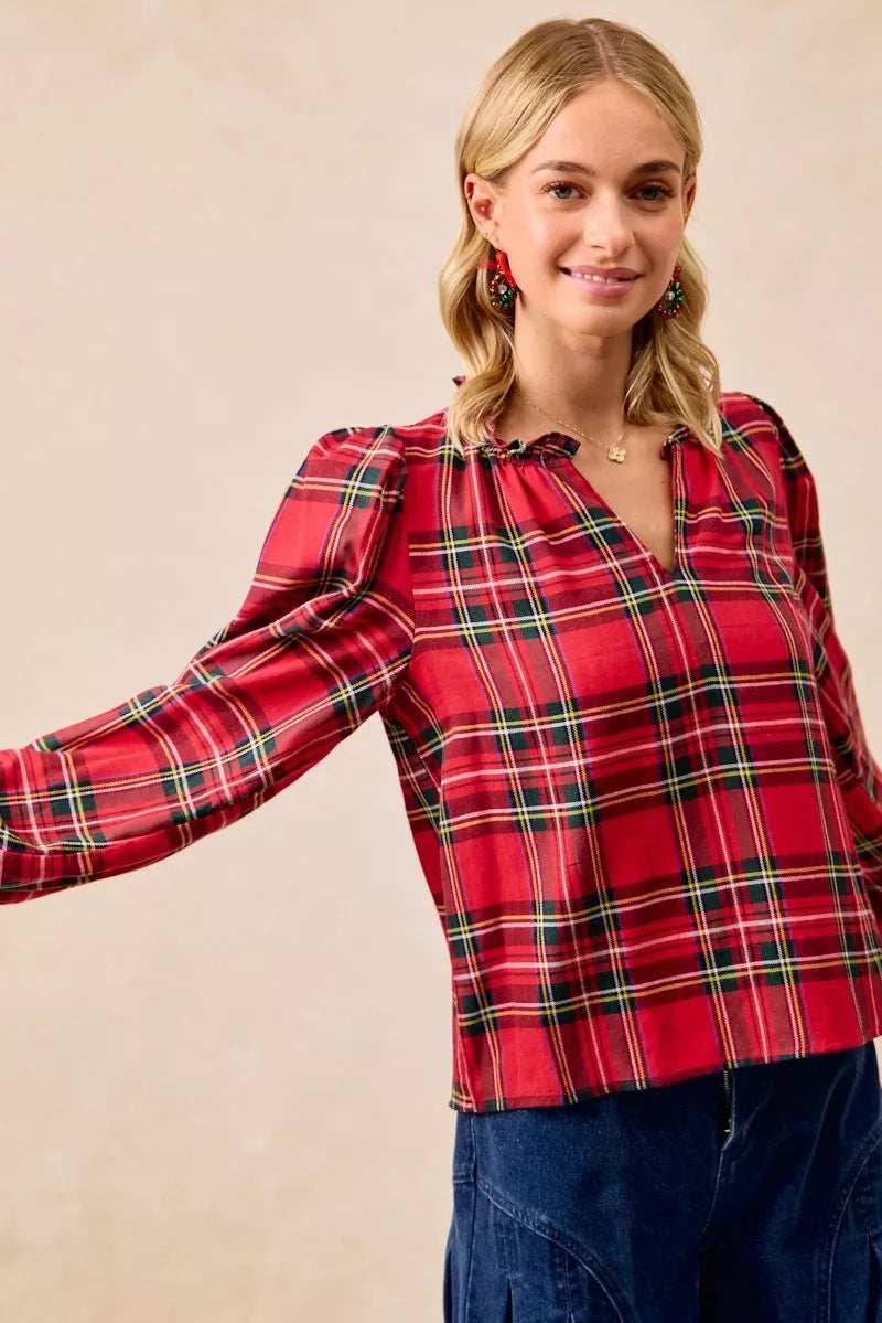 BiBi Christmas Plaid Balloon Sleeves Ruffled V-Neck Top - Trendsi - Flyclothing LLC