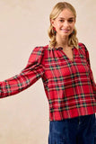 BiBi Christmas Plaid Balloon Sleeves Ruffled V-Neck Top - Trendsi - Flyclothing LLC