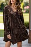 Textured V-Neck Long Sleeve Mini Dress - Trendsi - Flyclothing LLC