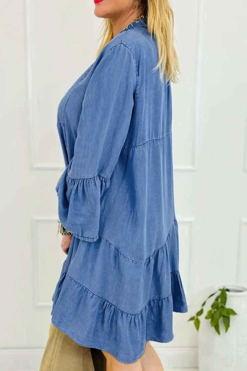 Notched Flare Sleeve Denim Dress - Trendsi - Flyclothing LLC