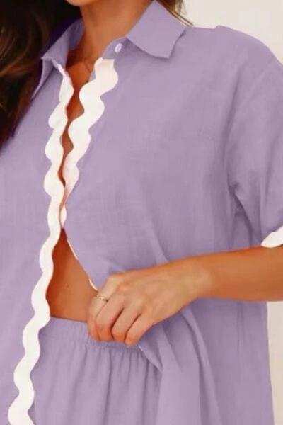 Contrast Trim Collared Neck Top and Shorts Set - Trendsi - Flyclothing LLC