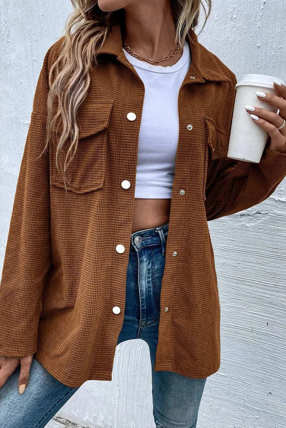 Pocketed Snap Down Long Sleeve Jacket - Trendsi - Flyclothing LLC