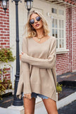 Slit V-Neck Dropped Shoulder Sweater - Trendsi - Flyclothing LLC