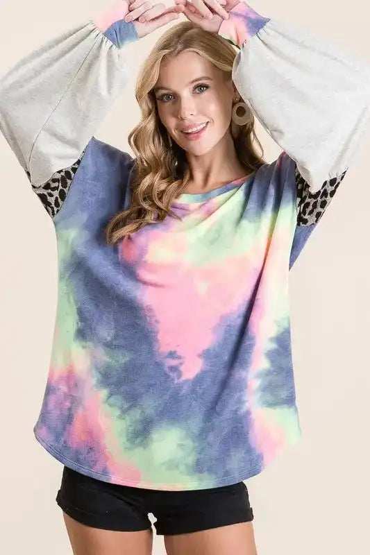 BiBi Tie Dye Terry Top with Contrast Puff Sleeves - Trendsi - Flyclothing LLC