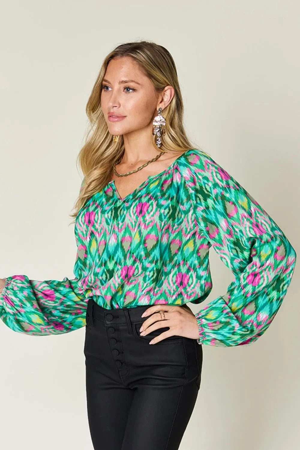 Double Take Full Size Printed Balloon Sleeve Blouse - Trendsi - Flyclothing LLC
