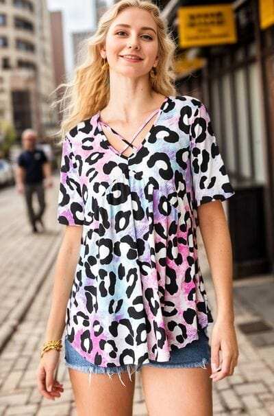 Heimish Full Size Crisscross Neck Animal Print Babydoll Top Plus Size - Trendsi - Flyclothing LLC
