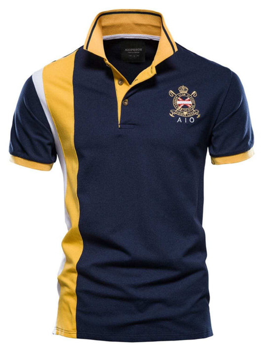 Men's Embroidered Collared Neck Striped Contrast Polo - Trendsi - Flyclothing LLC