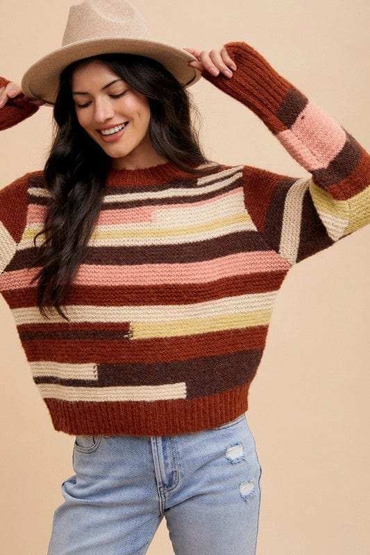 Annie Wear Color Block Round Neck Long Sleeve Sweater - Trendsi - Flyclothing LLC