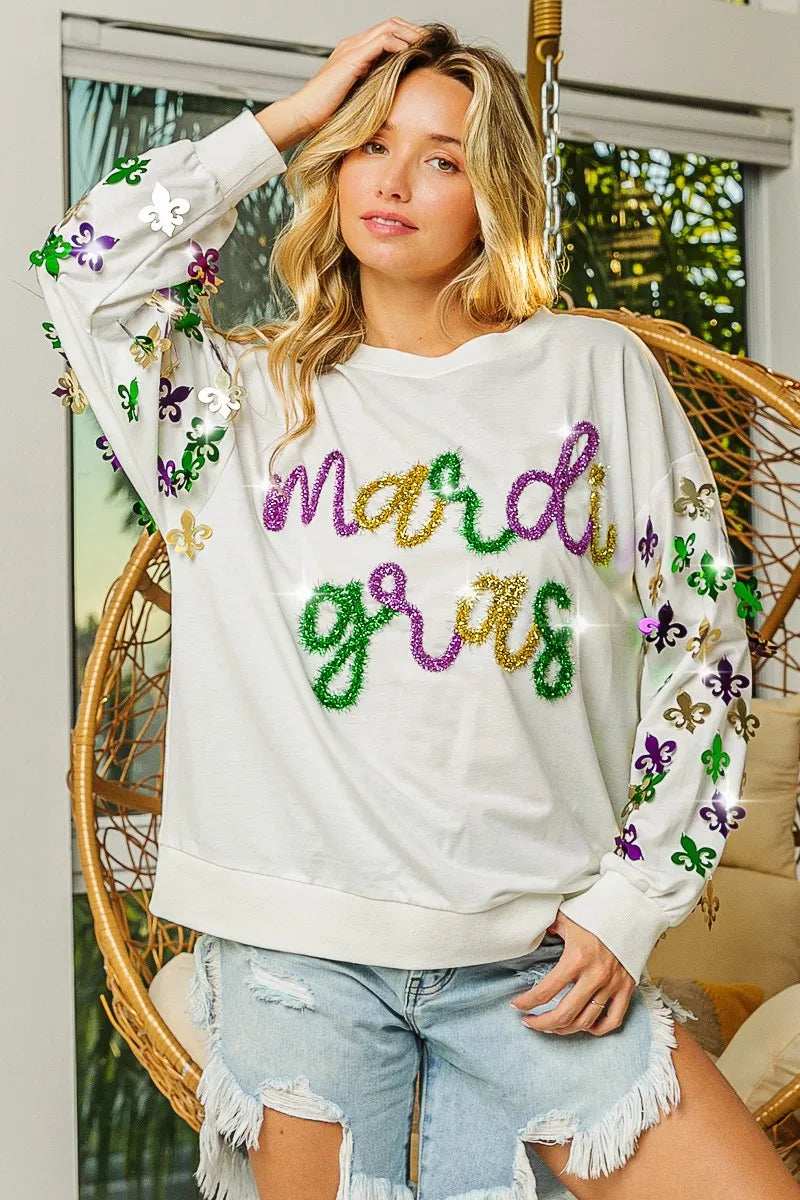 BiBi Fleur De Lis Sleeve Mardi Gras Pullover - Trendsi - Flyclothing LLC