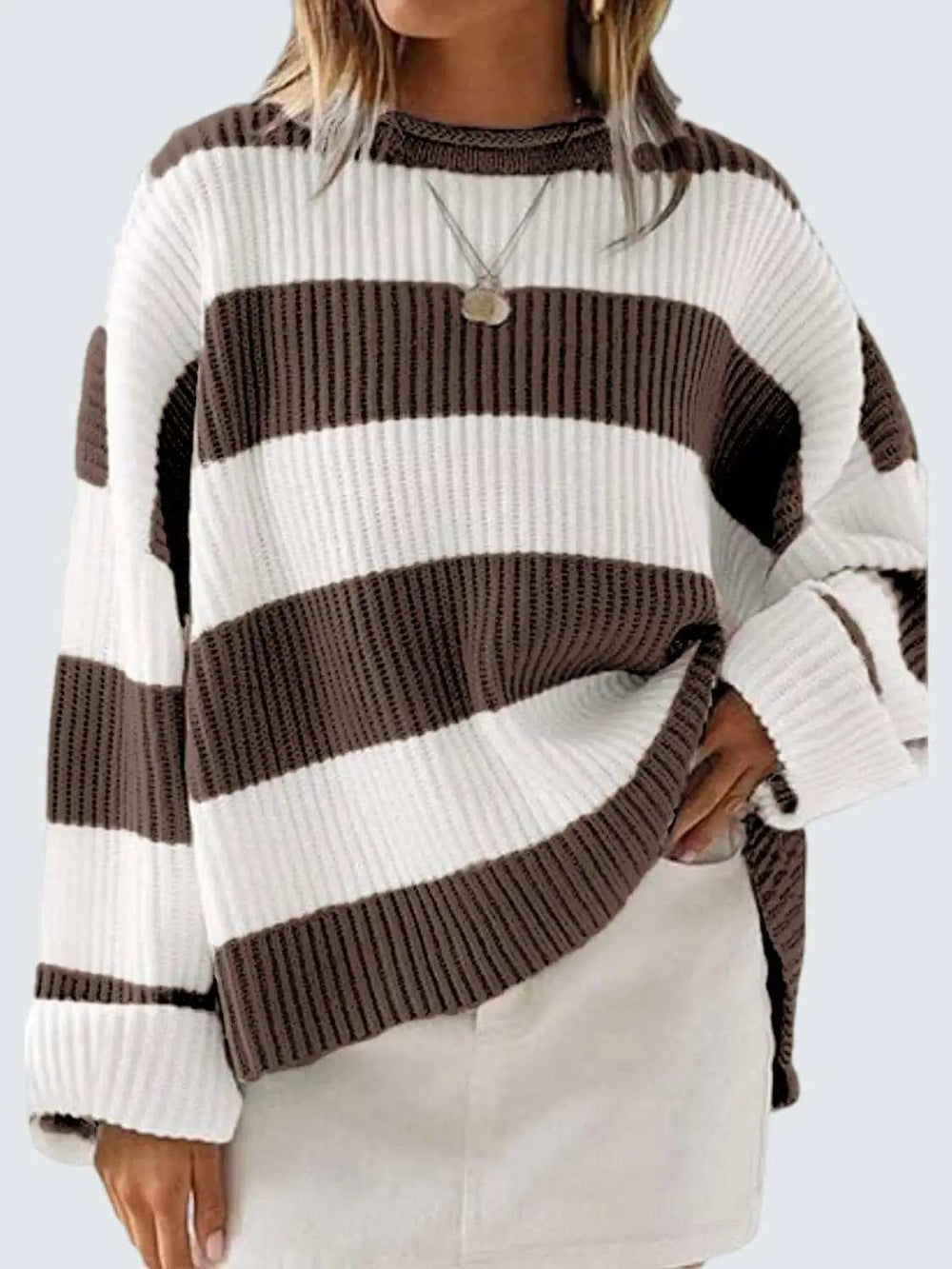 Round Neck Long Sleeve Sweater - Trendsi - Flyclothing LLC