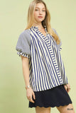 Umgee Striped Notched Top with Short Flutter Sleeves - Trendsi - Flyclothing LLC