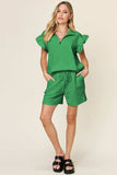 Double Take Full Size Texture Flounce Sleeve Top and Drawstring Shorts Set - Trendsi - Flyclothing LLC