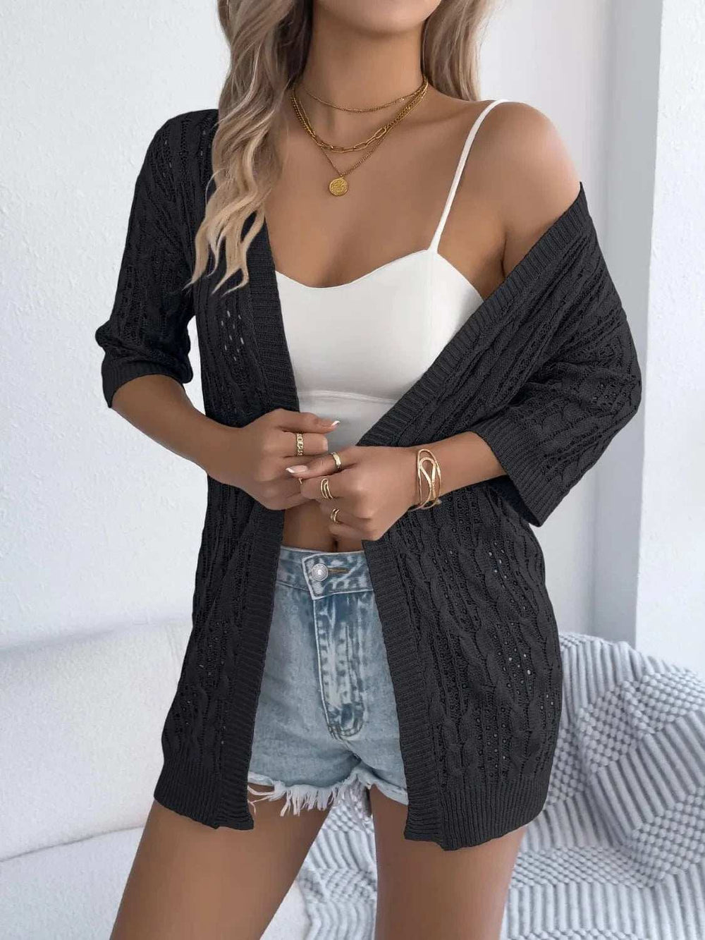 Openwork Open Front Half Sleeve Cardigan - Trendsi - Flyclothing LLC
