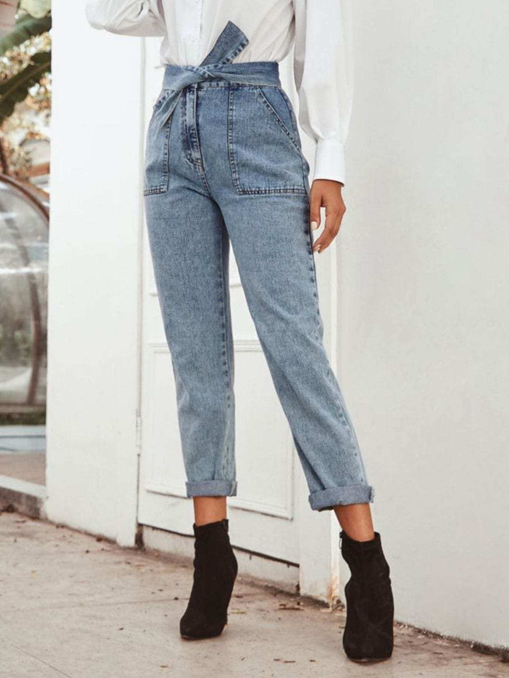 Tied Straight Leg Jeans with Pockets - Trendsi - Flyclothing LLC