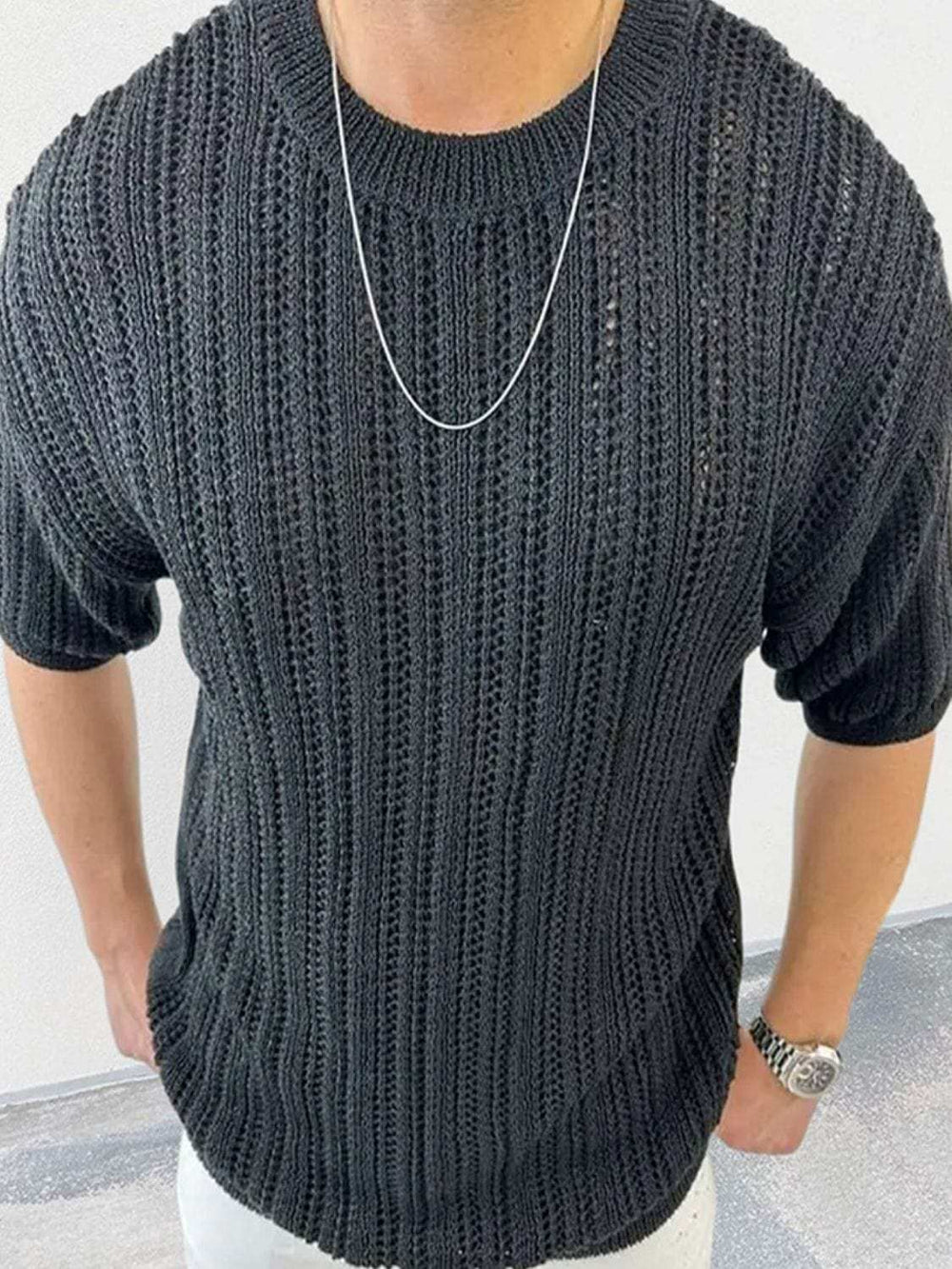 Men's Openwork Round Neck Knit T-Shirt - Trendsi - Flyclothing LLC