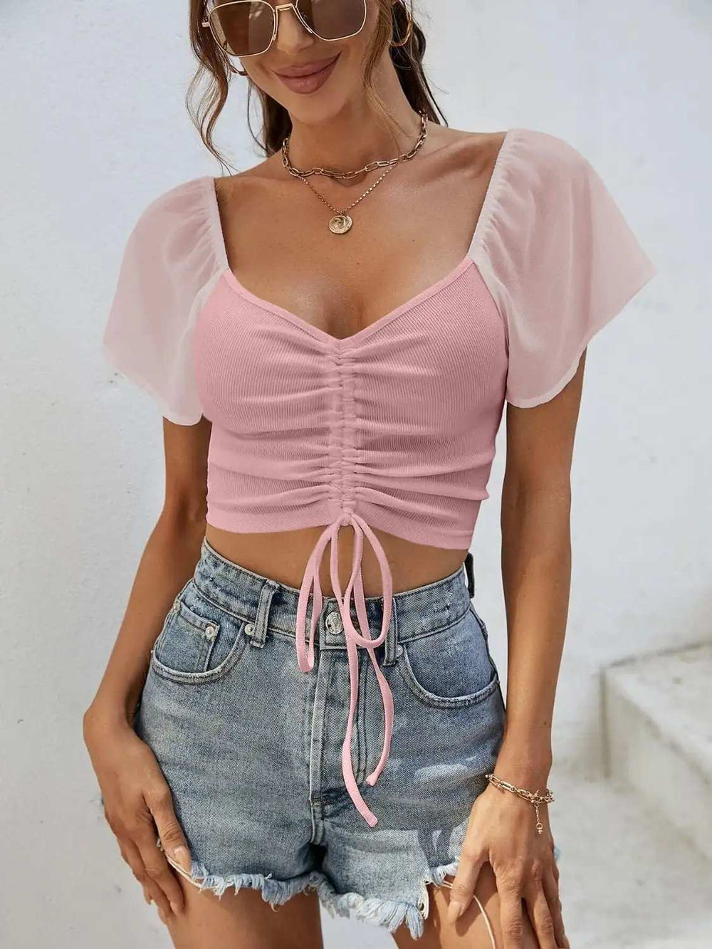 Drawstring Short Sleeve Crop Top - Trendsi - Flyclothing LLC